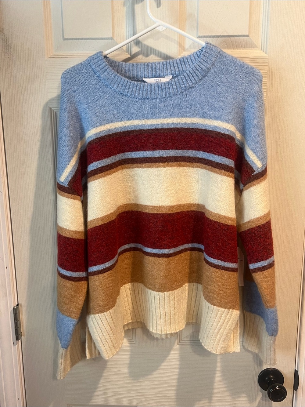 Time and Tru Striped Crewneck Sweater in Light Blue, Cream & Rust